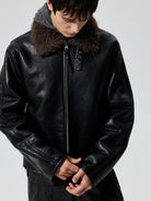 SIMPLE PROJECT Faux Leather Shearling Collar Jacket in Black - On Male Model