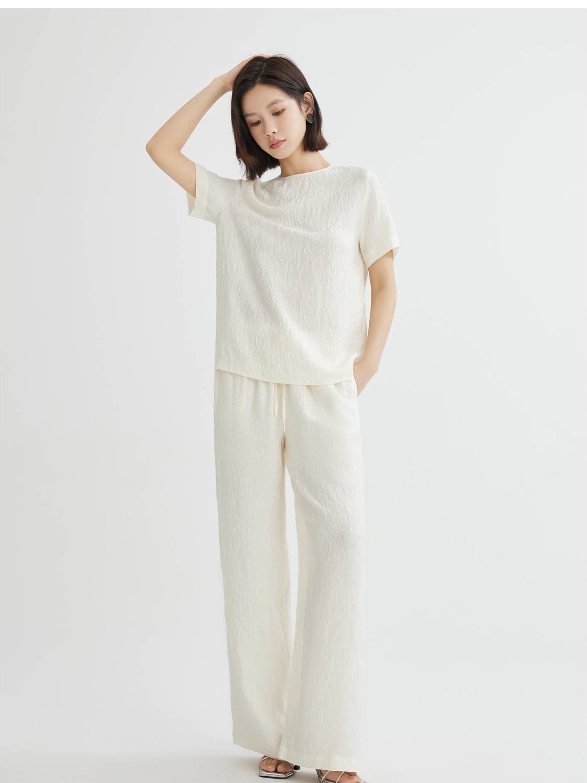 TEASEL Silk Jacquard Top Wide Leg Trousers Set in White - On Female Model
