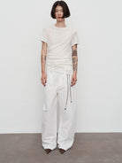 Random Piece Asymmetrical Pleated Silk Blend T Shirt in White - On Female Model