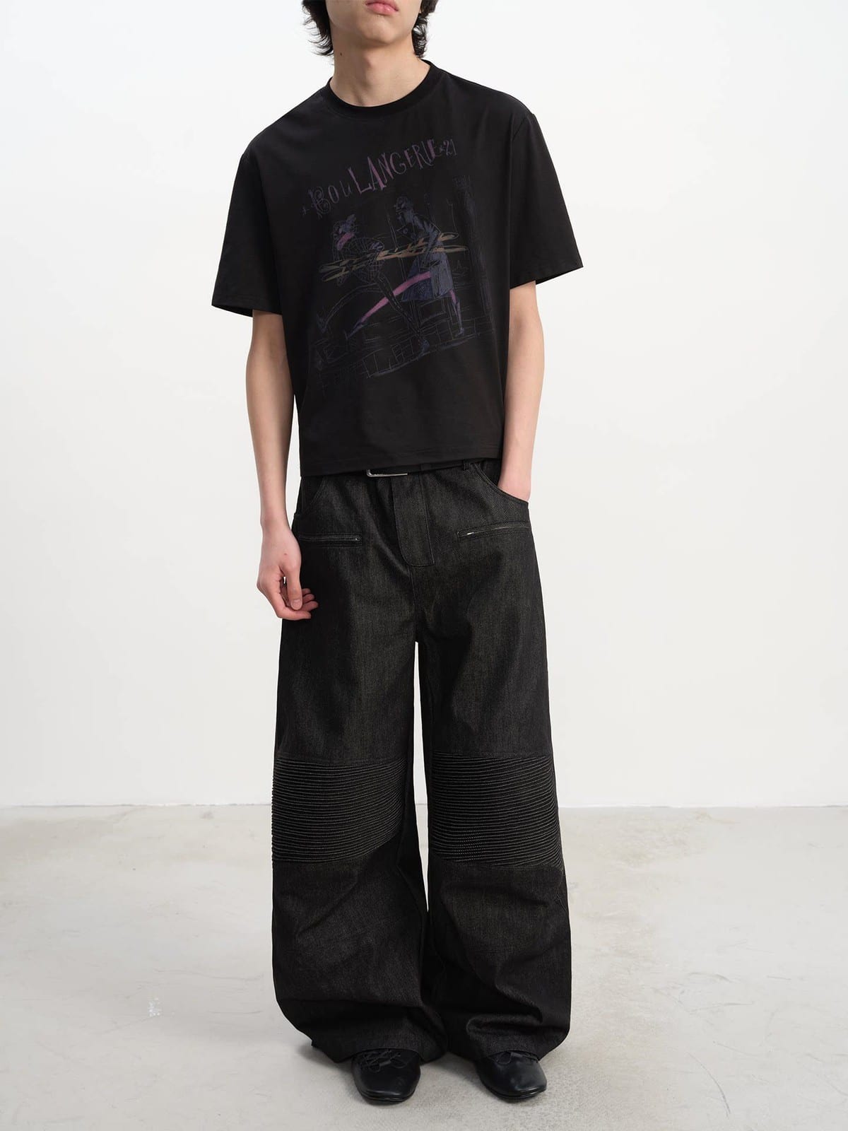 JCAESAR STUDIO Textured Baguette Print T Shirt in Black - On Male Model