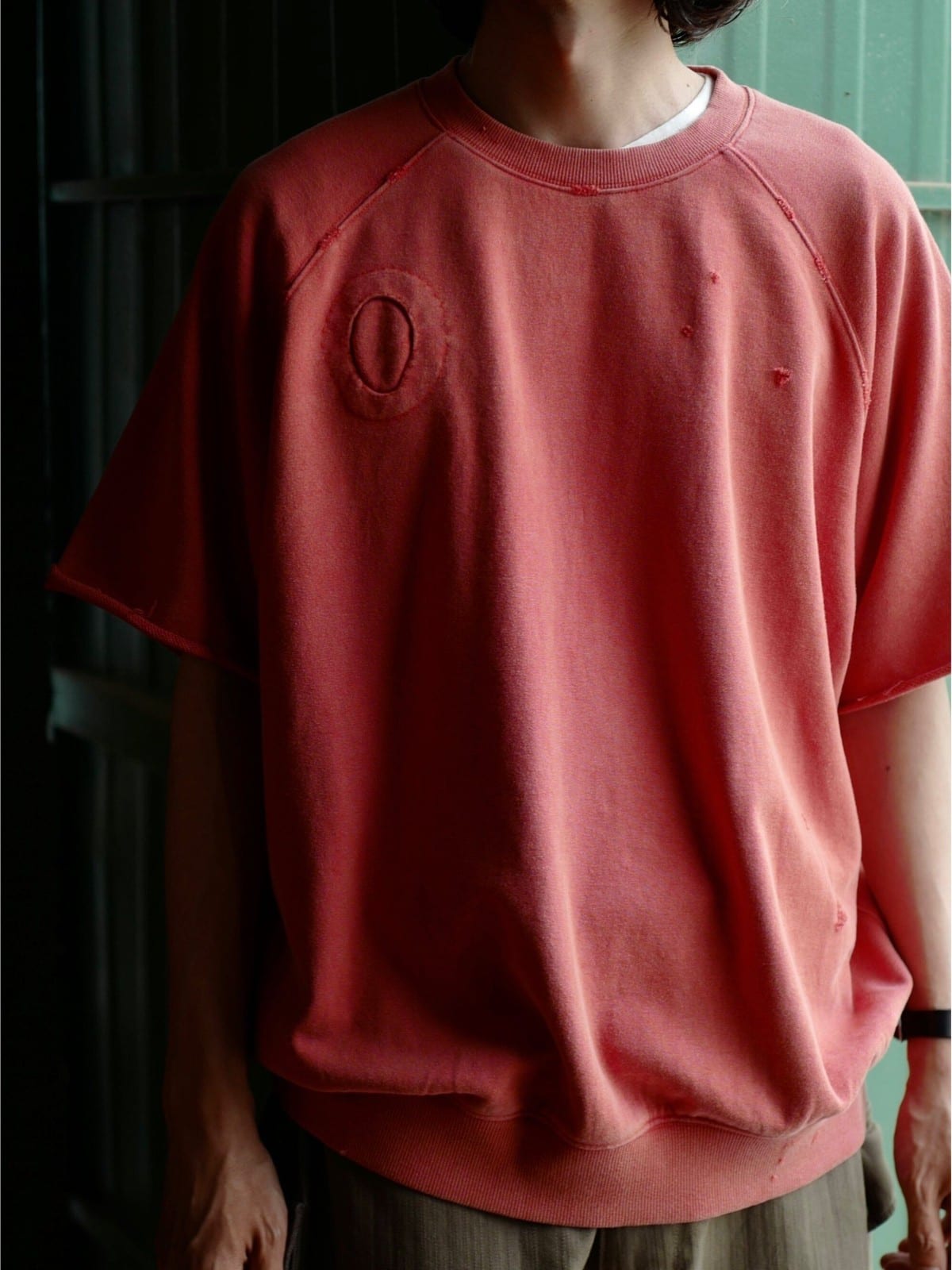 USAGE Vintage Wash Distressed Short Sleeve Sweatshirt in Red - On Male Model