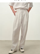 ROYA Linen Blend Drawstring Trousers in Gray - On Male Model