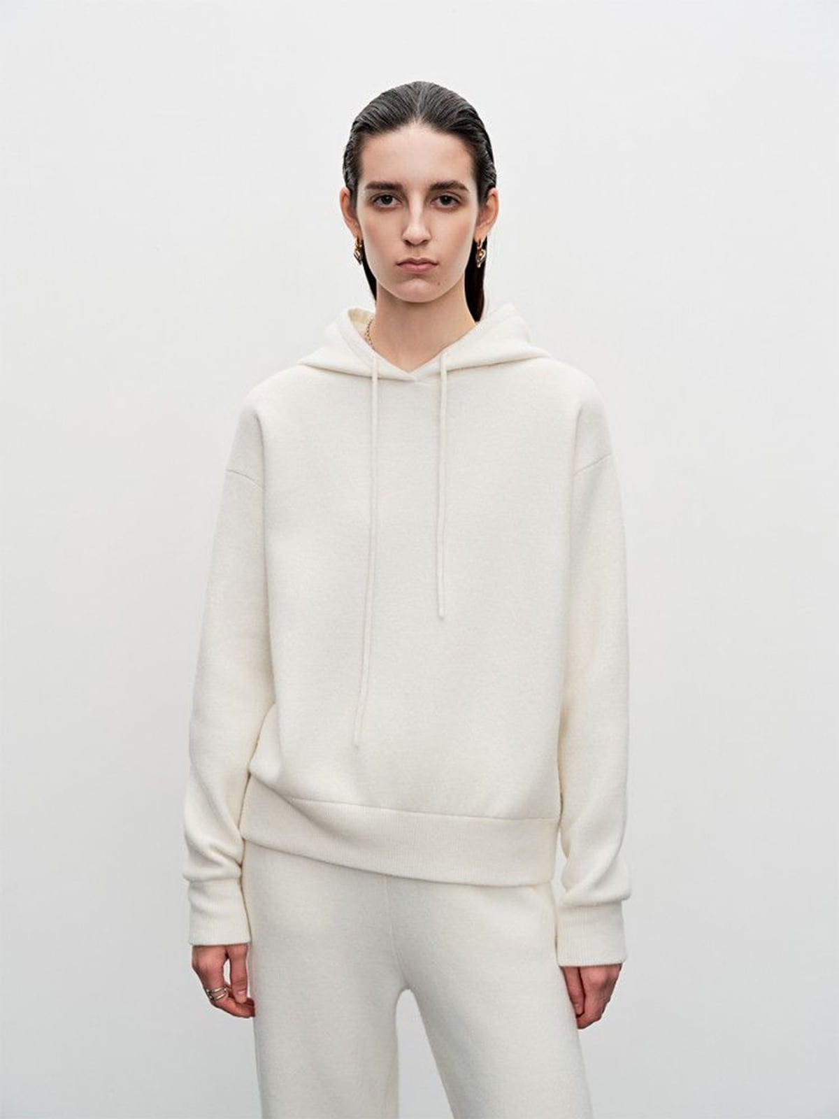 MSBEAST Merino Wool Hoodie Jogger Set in Cream - On Female Model
