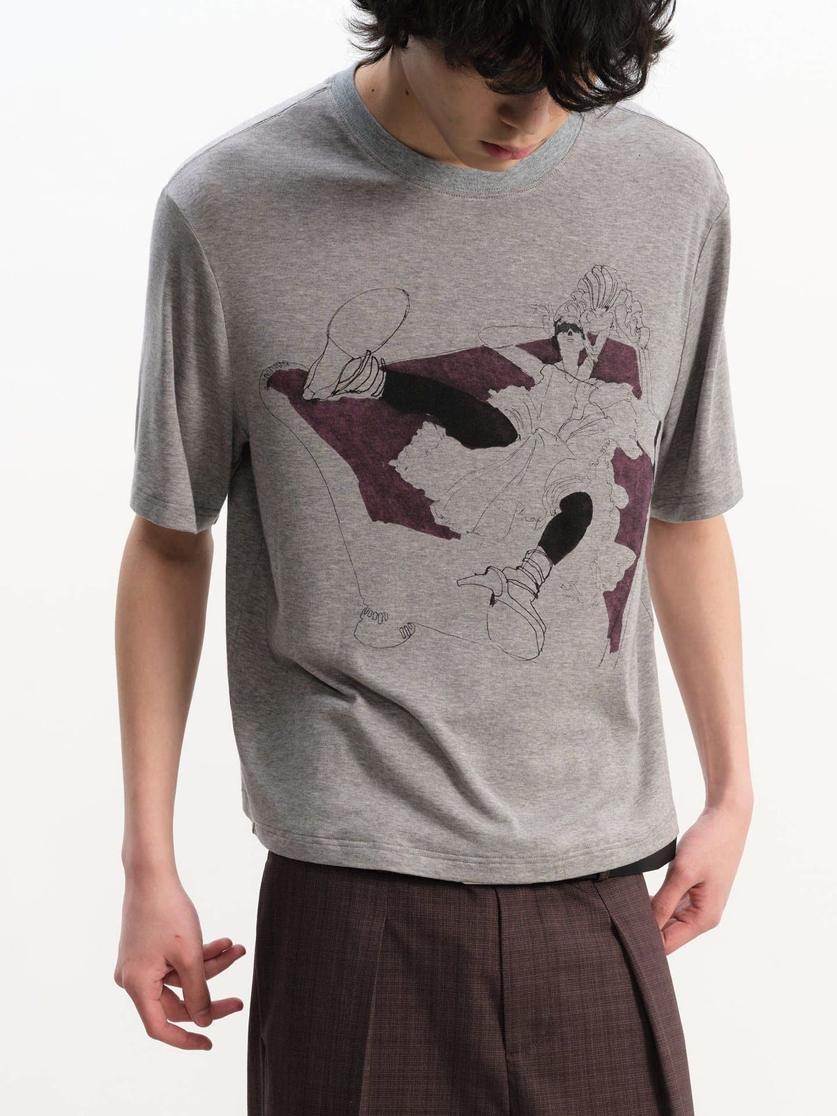 JCAESAR STUDIO Purple Sofa Print Tencel Wool T Shirt in Gray - On Male Model