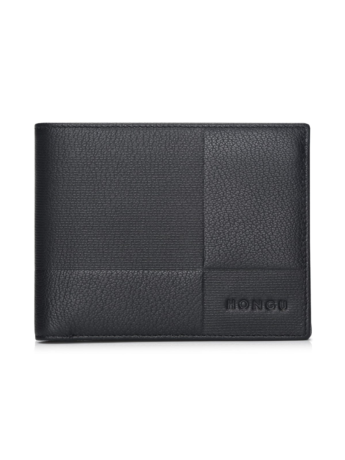 HONGU Embossed Top Grain Leather Bifold Wallet in Black
