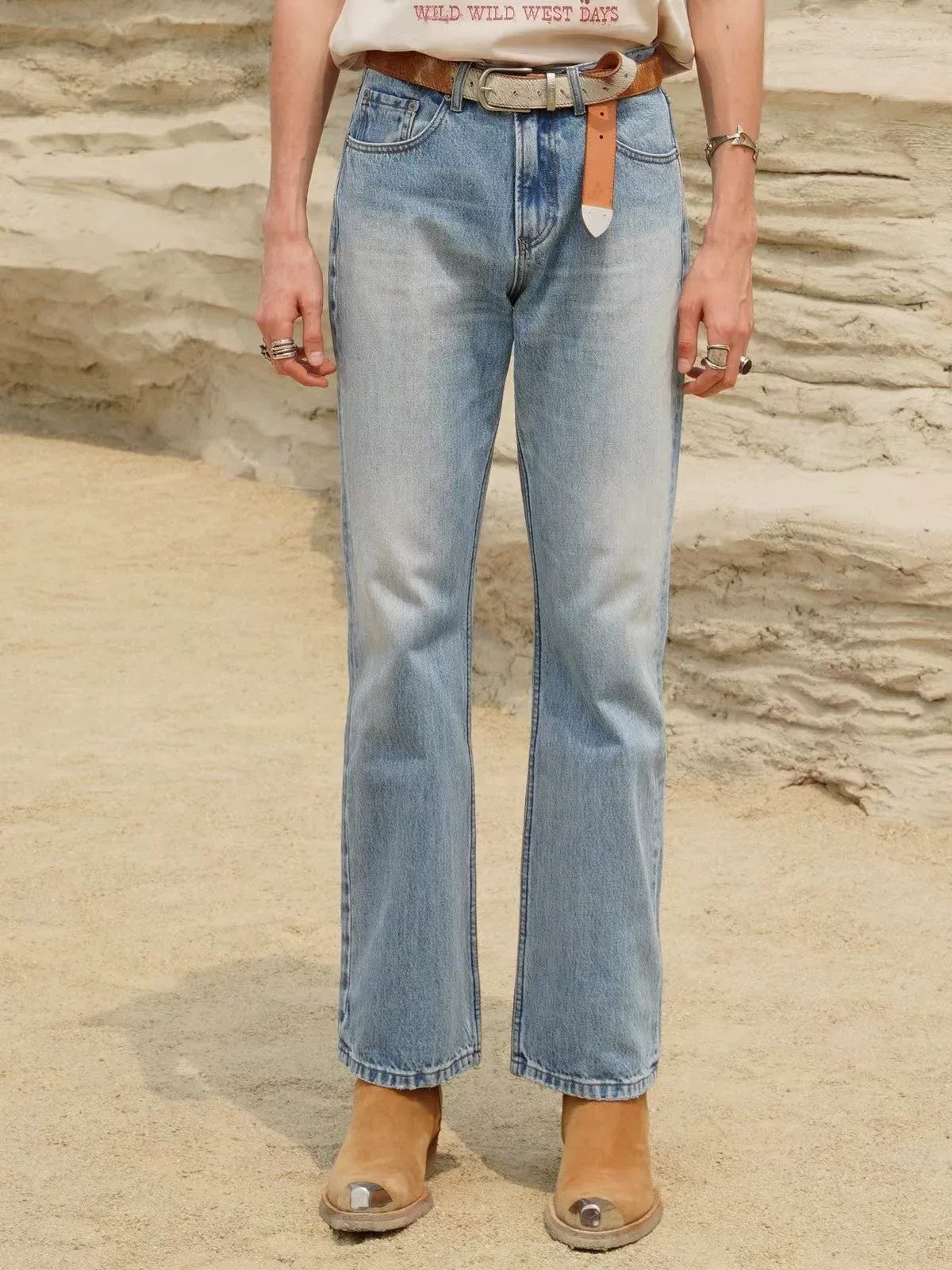 Retro 21 Washed Ice Blue Flared Jeans in Blue - On Model