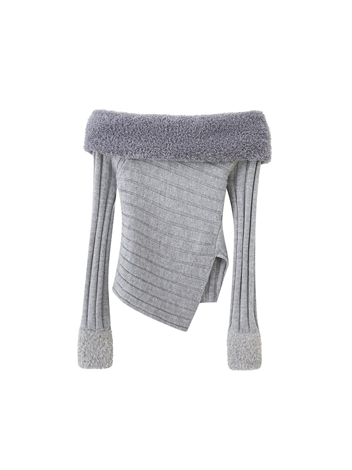 SweetChilling Faux Fur Trim Off The Shoulder Sweater in Gray