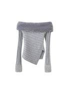SweetChilling Faux Fur Trim Off The Shoulder Sweater in Gray
