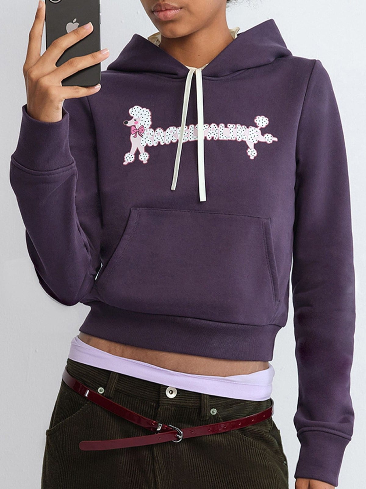 RARELY ALIKE Polka Dot Poodle Cropped Hoodie in Purple - On Female Model