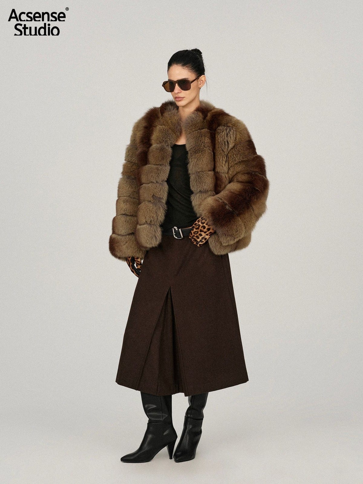 ACSENSE STUDIO Pleated Wool Blend Culottes in Brown - On Female Model