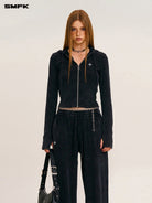 SMFK Vintage Wash Zip Up Cotton Hoodie in Black - On Female Model