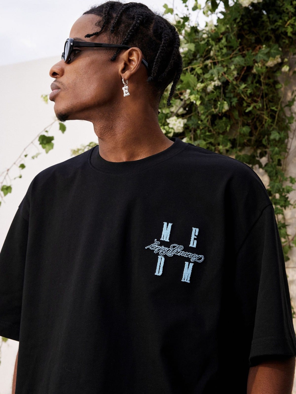 MEDM Tufted Logo Cotton T Shirt in Black - On Male Model