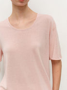 MSBEAST Rolled Edge Silk Cotton U Neck T Shirt in Pink - On Female Model