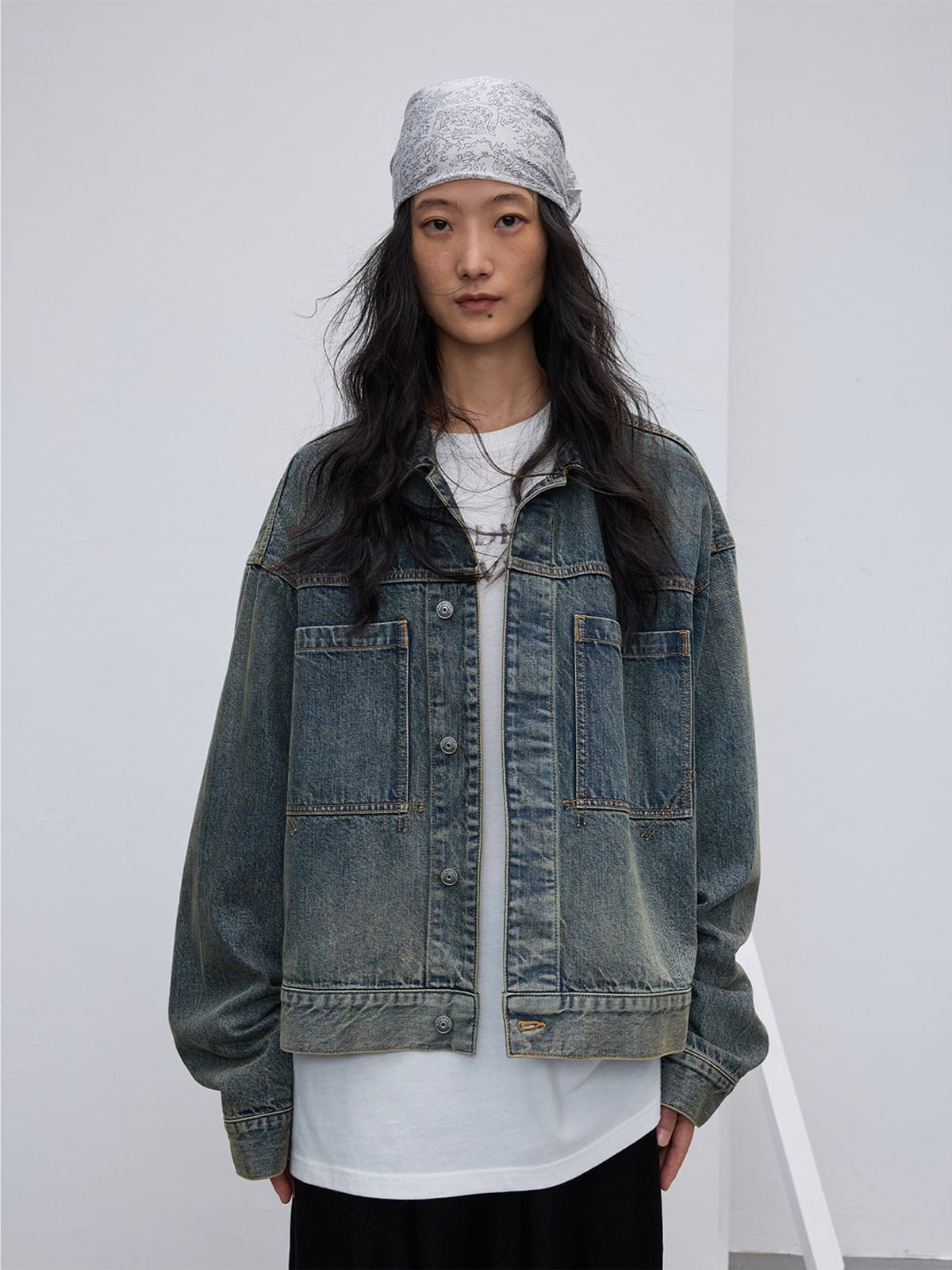 Random Piece Washed Cotton Cropped Denim Jacket in Denim - On Female Model