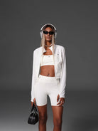 SMFK Cropped Zip Front Nylon Jacket in White - On Female Model