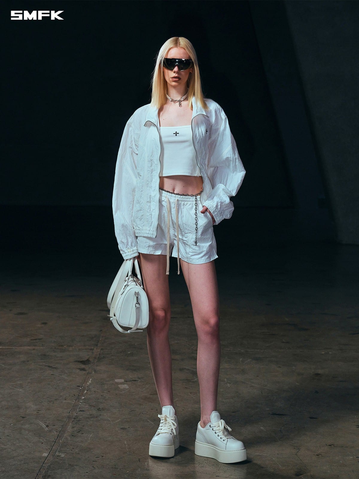SMFK Crinkled Zip Up Sports Jacket in White - On Female Model