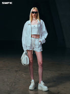 SMFK Crinkled Zip Up Sports Jacket in White - On Female Model