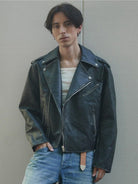 Retro 21 Distressed Faux Leather Biker Jacket in Black - On Male Model