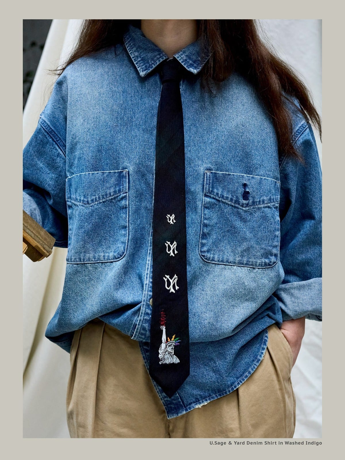 USAGE Washed Distressed Denim Shirt in Denim - On Model