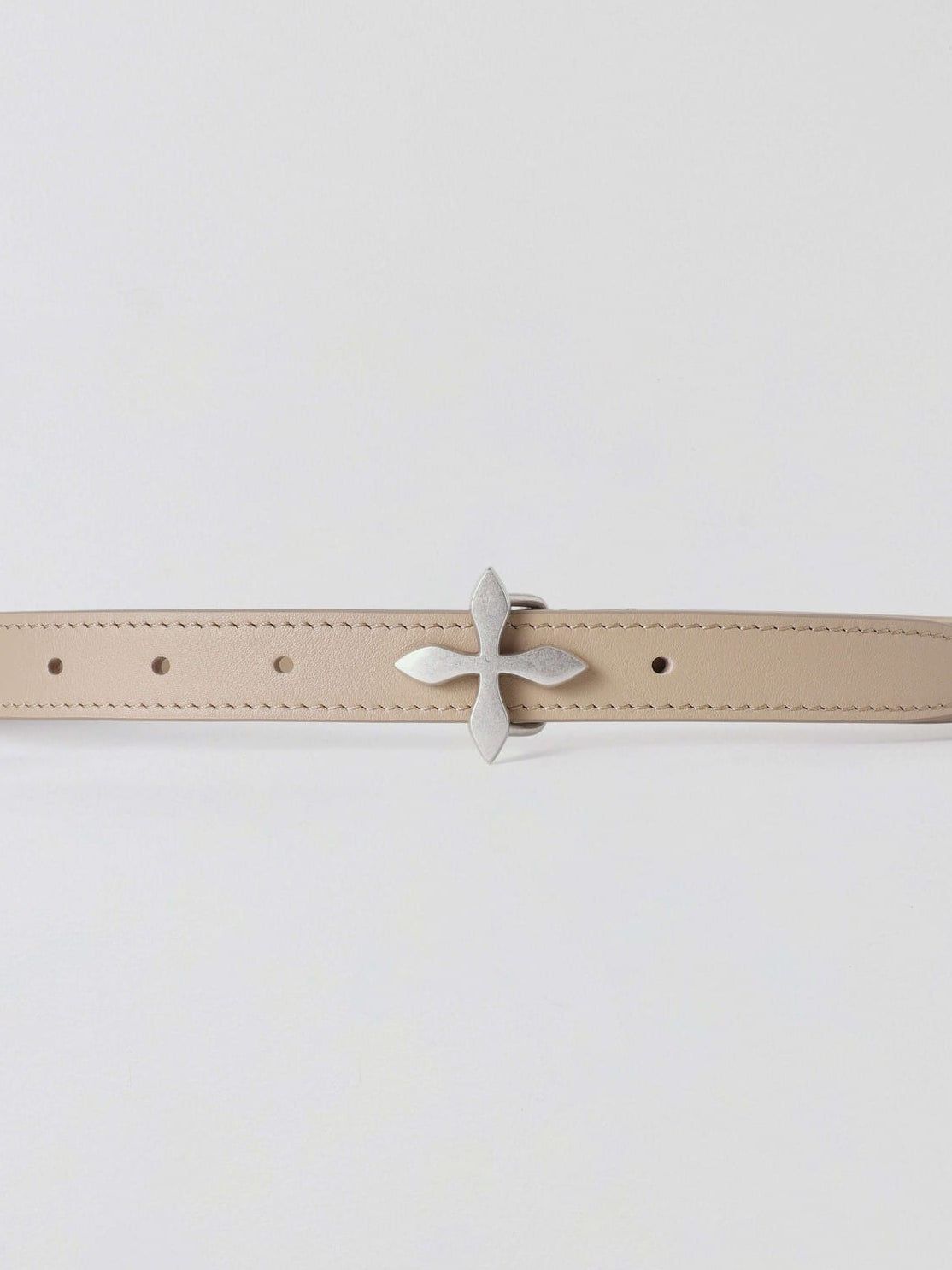 SMFK Slim Leather Belt with Cross Buckle in Beige