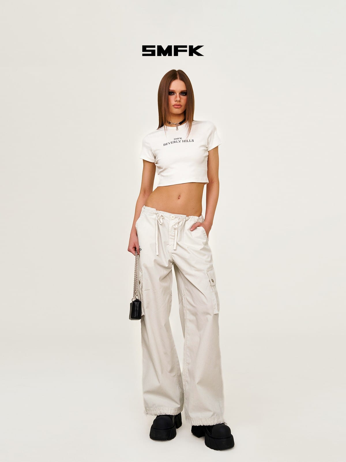 SMFK Wide Leg Parachute Cargo Pants in Gray - On Female Model