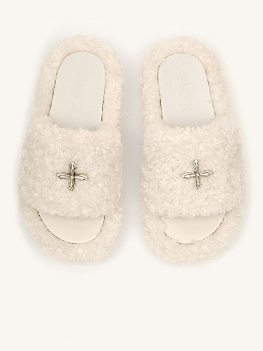 SMFK Cross Motif Faux Fur Platform Slides in White