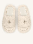 SMFK Cross Motif Faux Fur Platform Slides in White