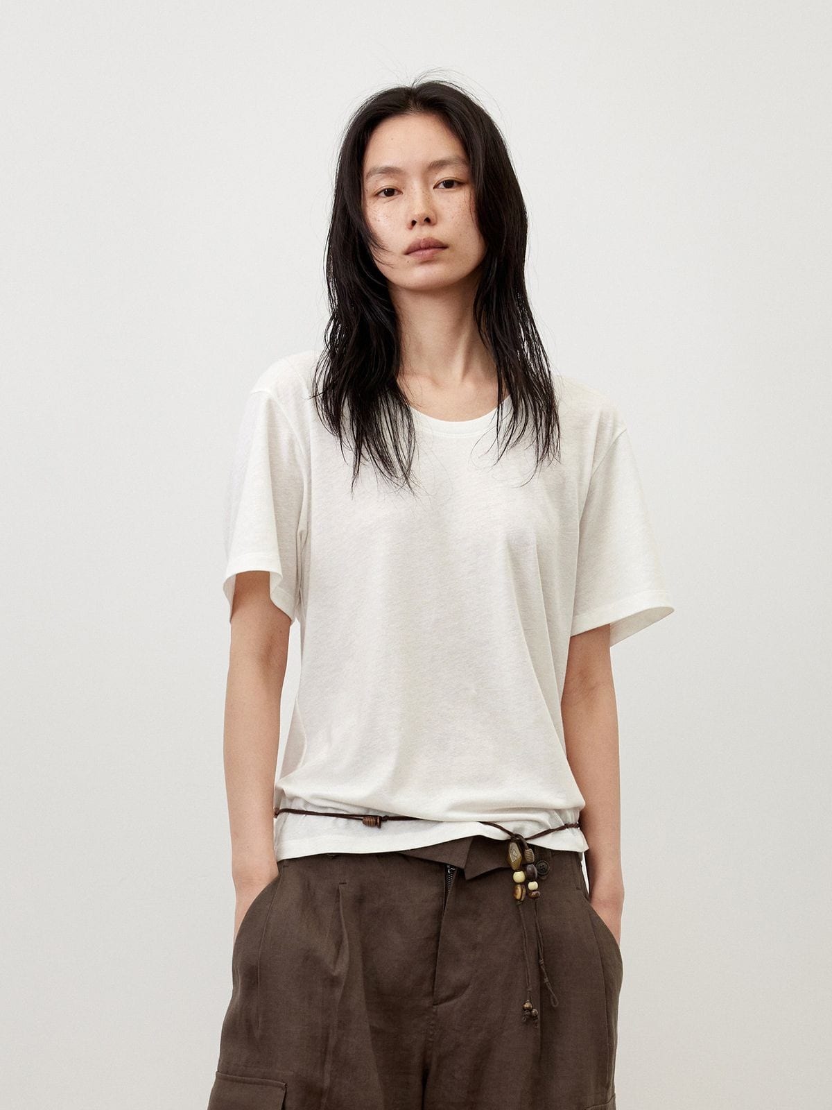Random Piece Linen Blend U Neck T Shirt in Brown - On Female Model