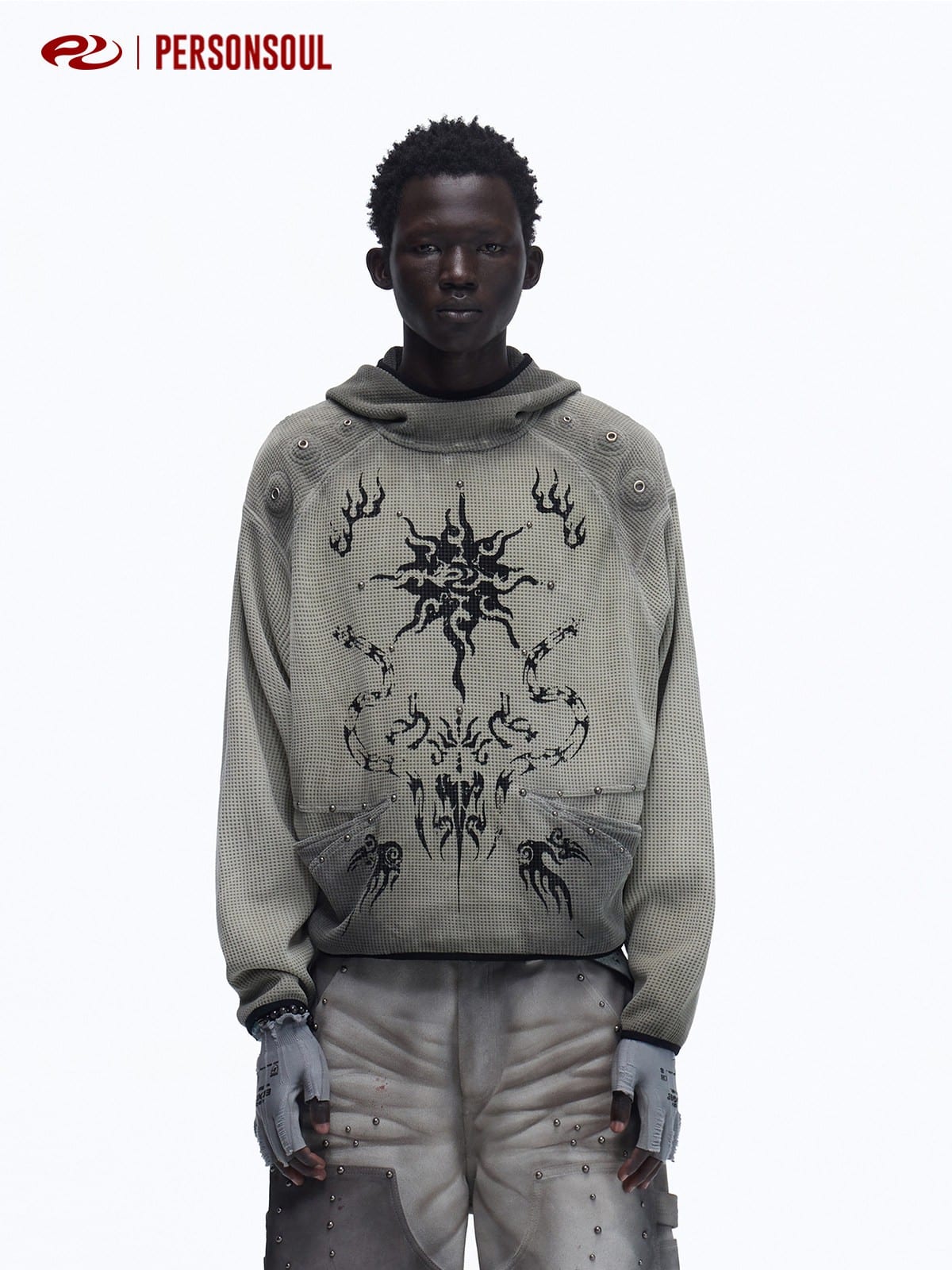PERSONSOUL Garment Dyed Totem Waffle Hoodie in Beige - On Male Model