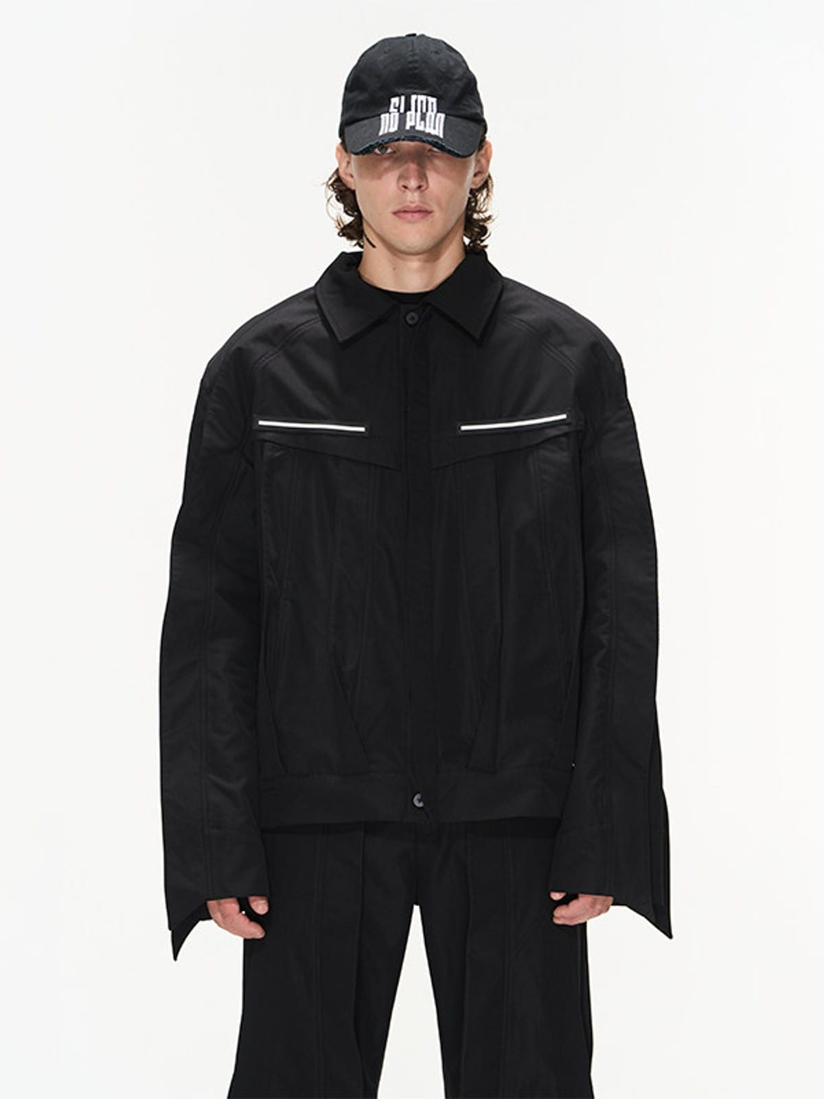 BLINDNOPLAN Paneled Hidden Placket Jacket in Black - On Male Model