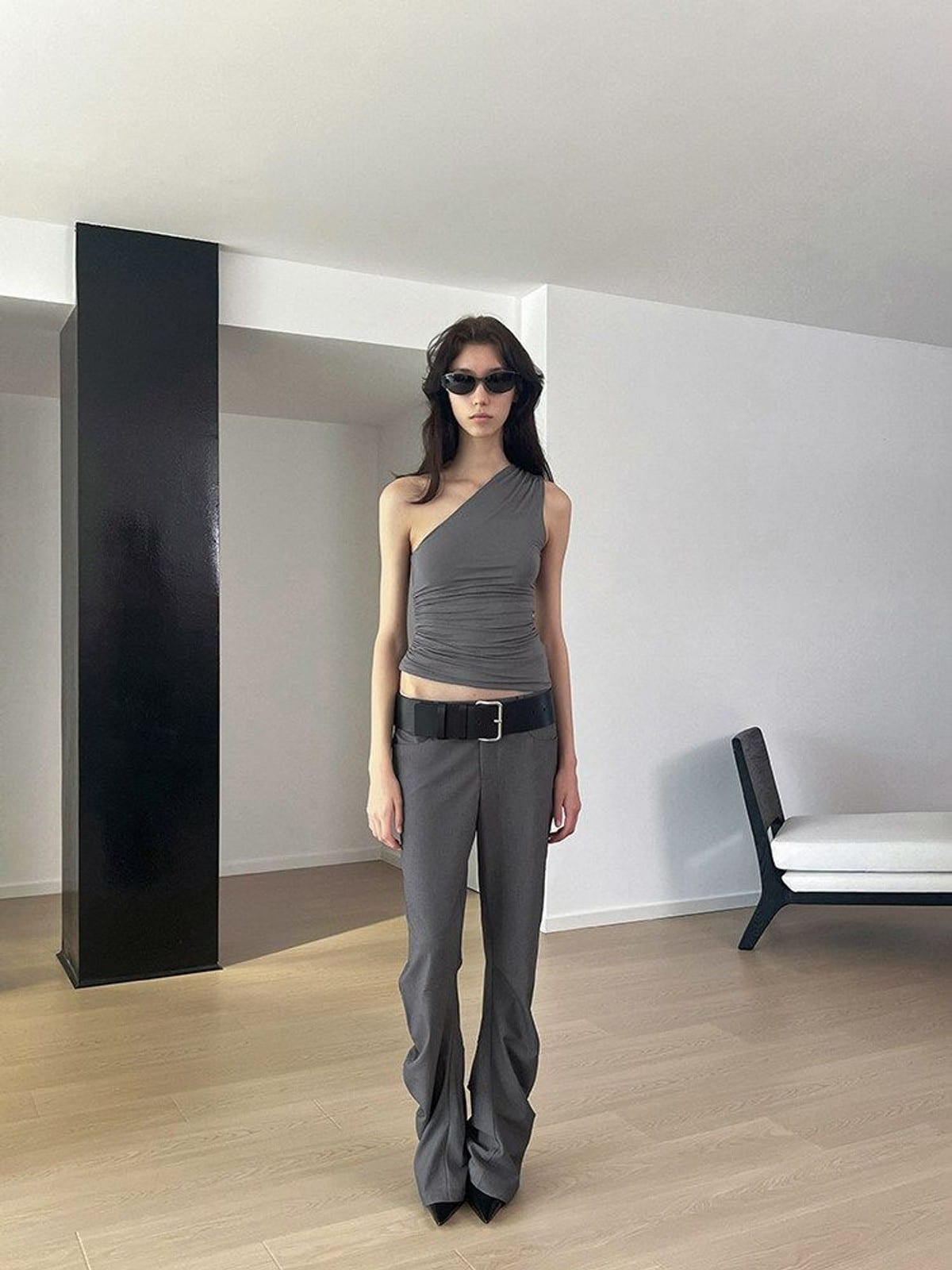 RARELY ALIKE Curved Leg Flared Dress Pants in Gray - On Female Model