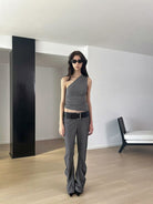 RARELY ALIKE Curved Leg Flared Dress Pants in Gray - On Female Model