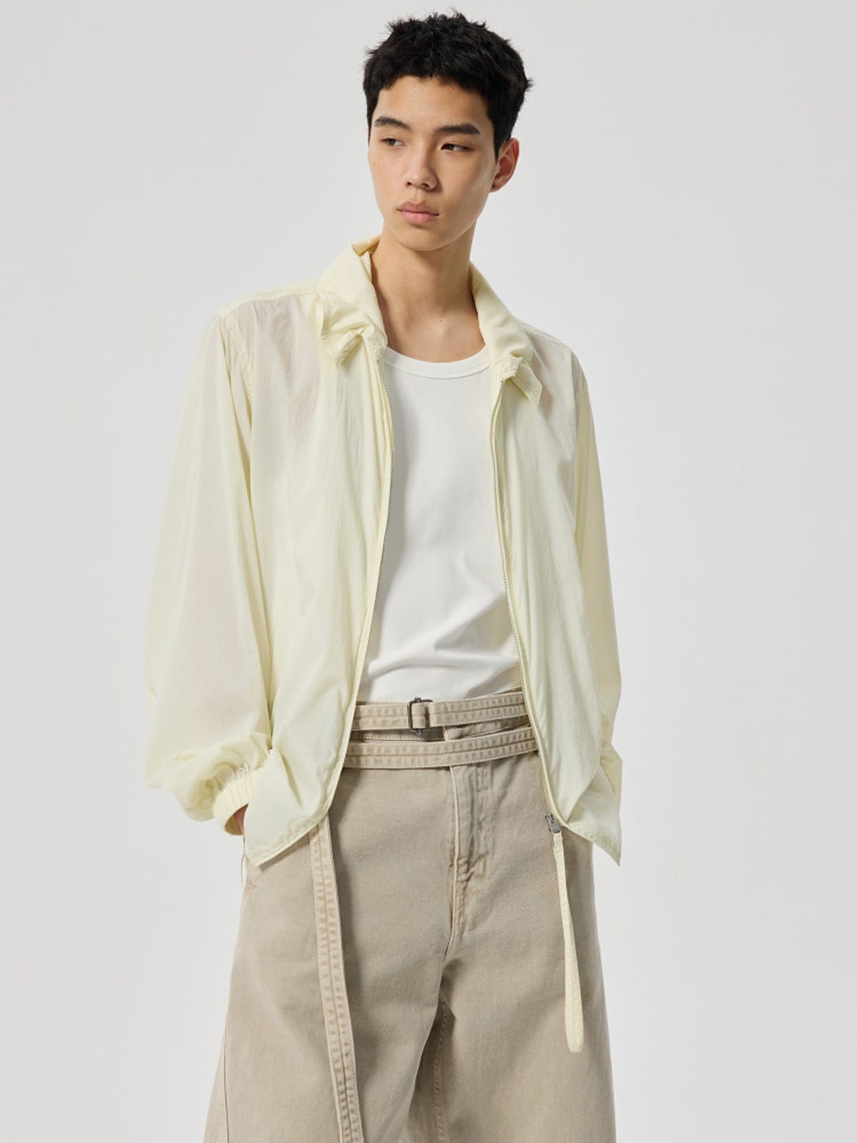 SIMPLE PROJECT Sheer Nylon UV Protection Shirt in White - On Male Model