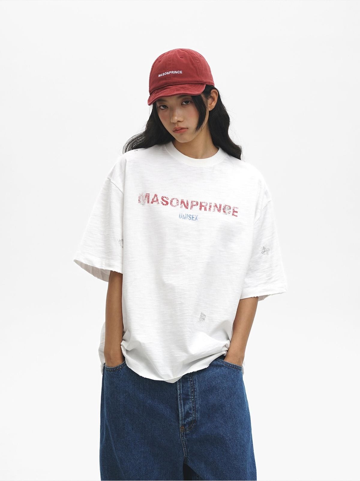 MASONPRINCE Distressed Embroidered Slub T Shirt in White - On Female Model