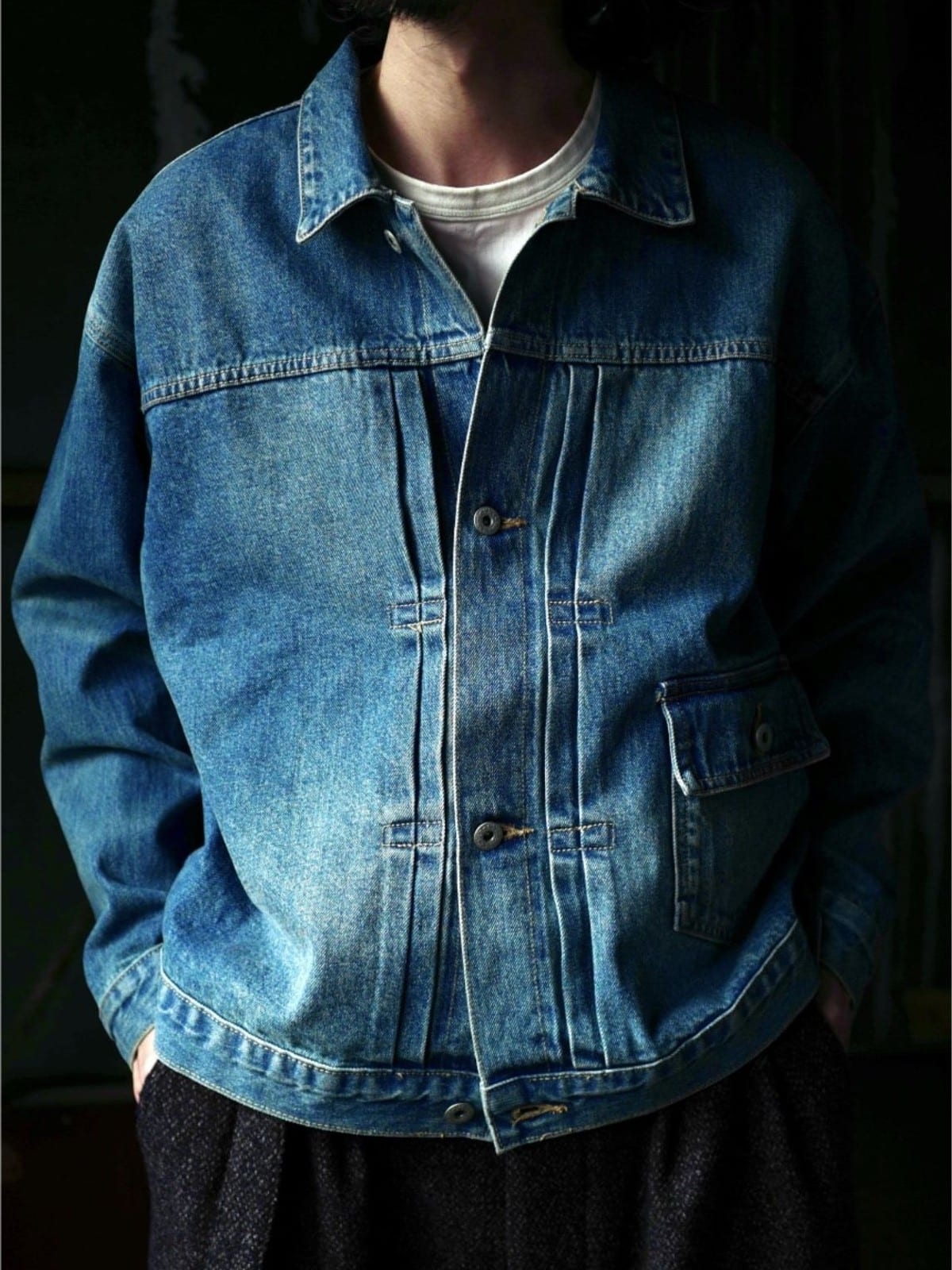 USAGE Type I Selvedge Denim Cropped Jacket in Denim - On Male Model