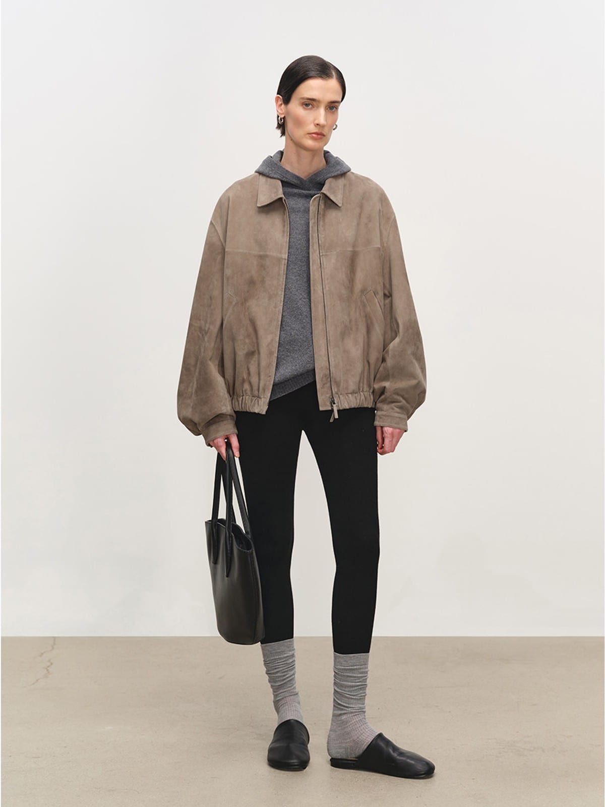MSBEAST Broad Shoulder Sheepskin Jacket in Beige - On Female Model