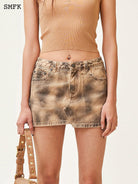 SMFK Vintage Wash Denim Mini Skirt in Gray - On Female Model
