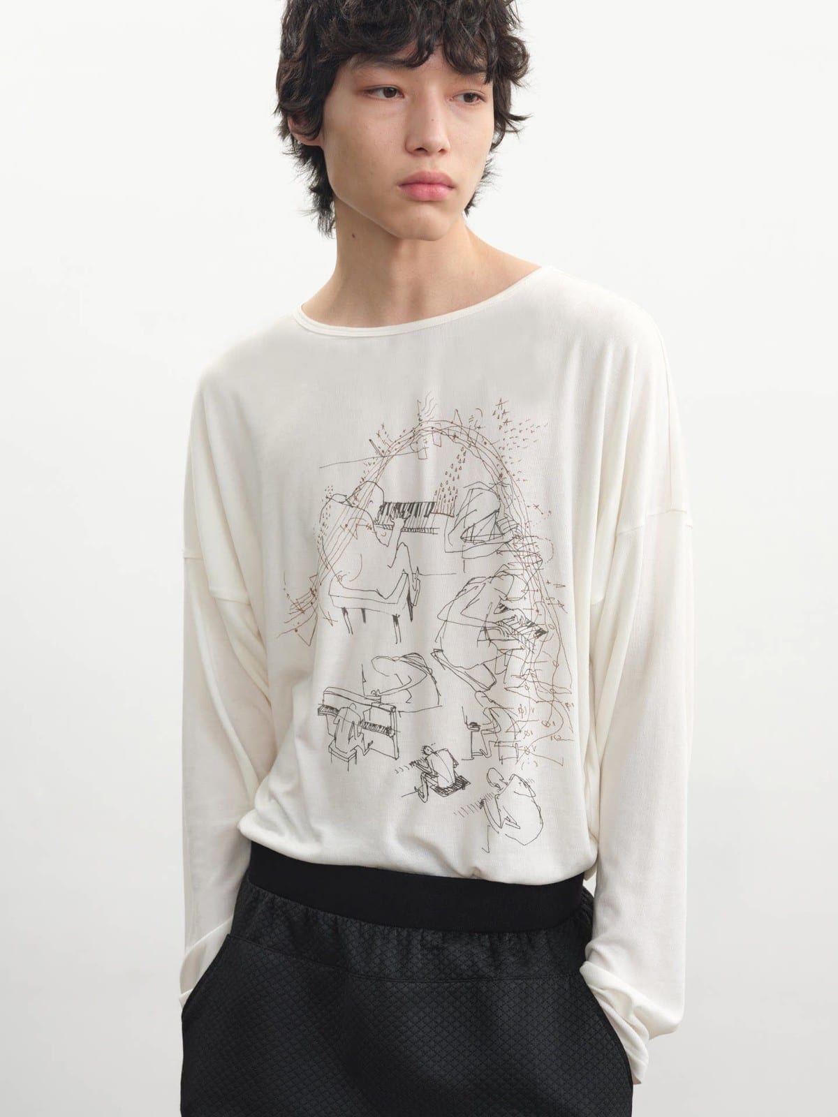 JCAESAR STUDIO Piano Print Tencel Wool Long Sleeve Top in White - On Male Model