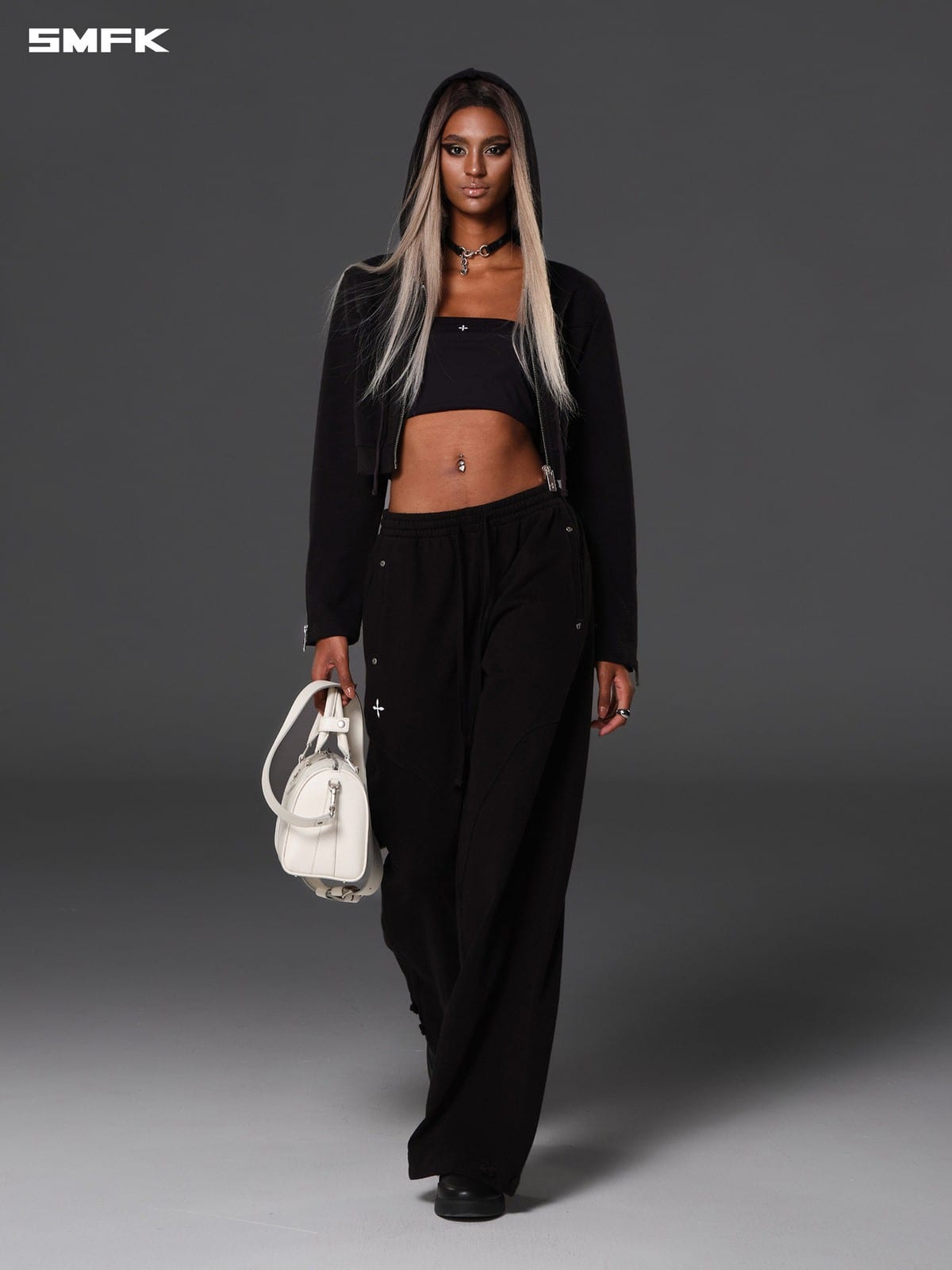 SMFK Cotton Wool Blend Cropped Zip Up Hoodie in Black - On Female Model