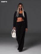 SMFK Cotton Wool Blend Cropped Zip Up Hoodie in Black - On Female Model