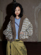 BADTASTE Reversible Plaid Cotton Jacket in Brown - On Female Model
