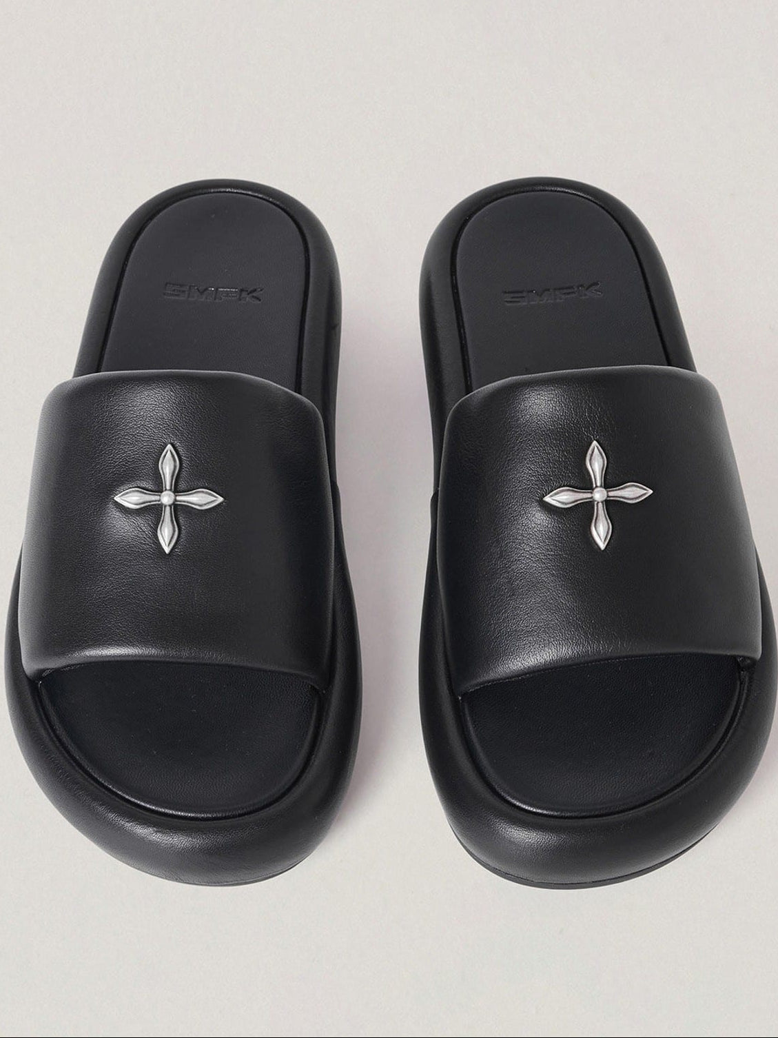 SMFK Cowhide Leather Cross Hardware Slides in Black