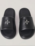 SMFK Cowhide Leather Cross Hardware Slides in Black