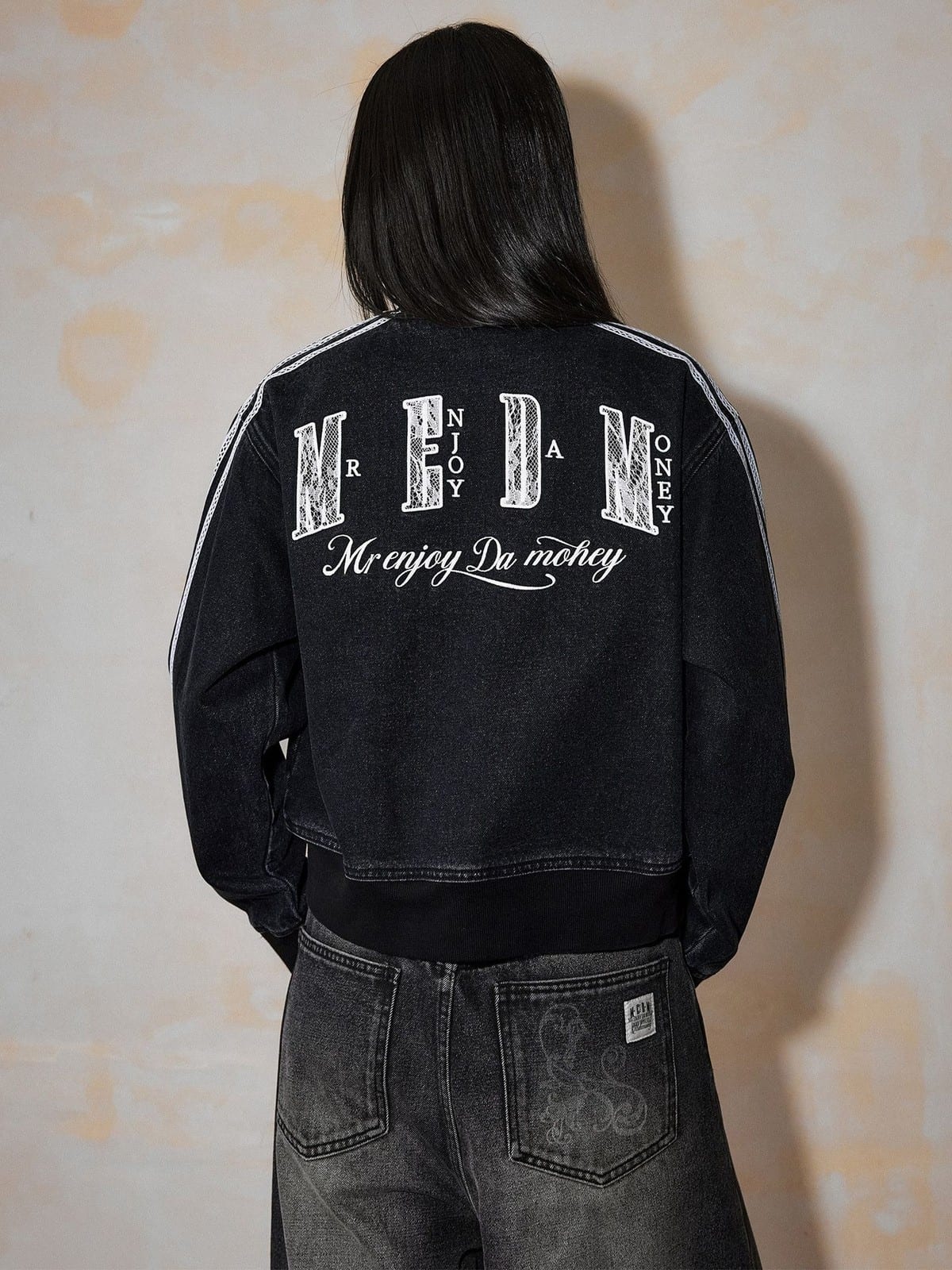 MEDM Lace Trim Stand Collar Denim Jacket in Black - On Model