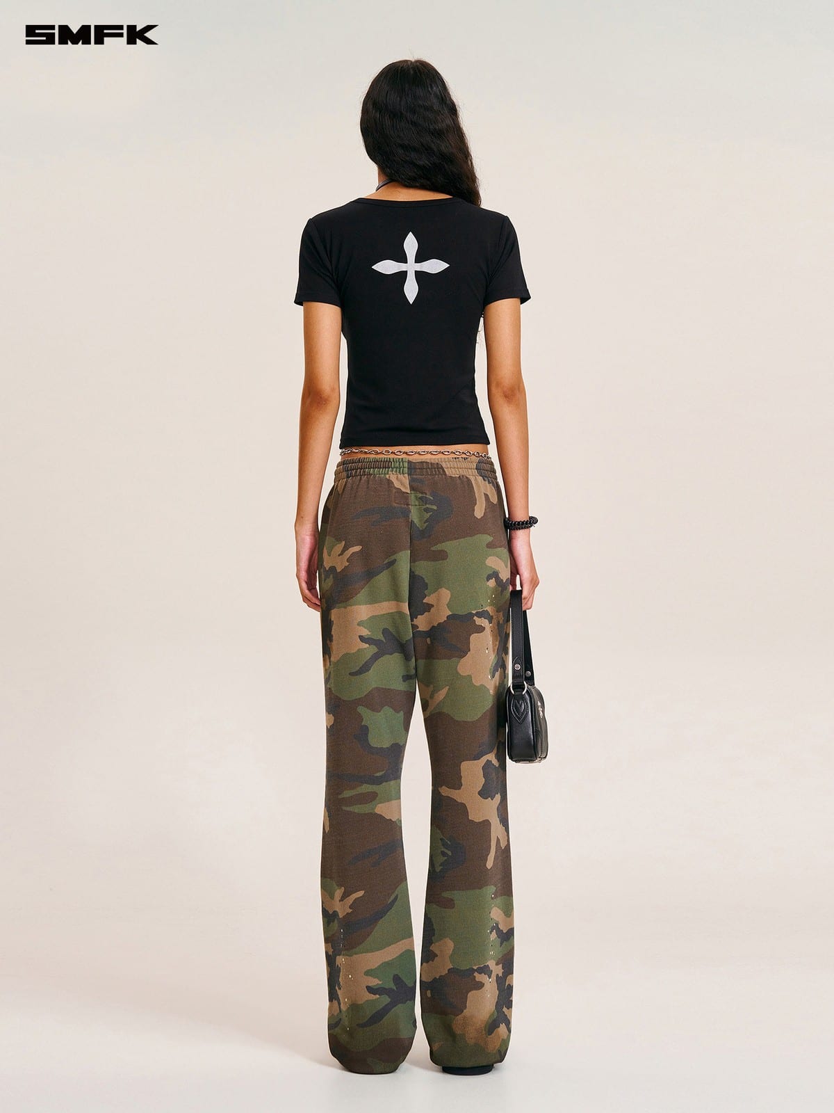 SMFK Acetate Blend Cross Graphic T Shirt in Black - On Female Model