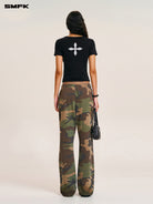 SMFK Acetate Blend Cross Graphic T Shirt in Black - On Female Model