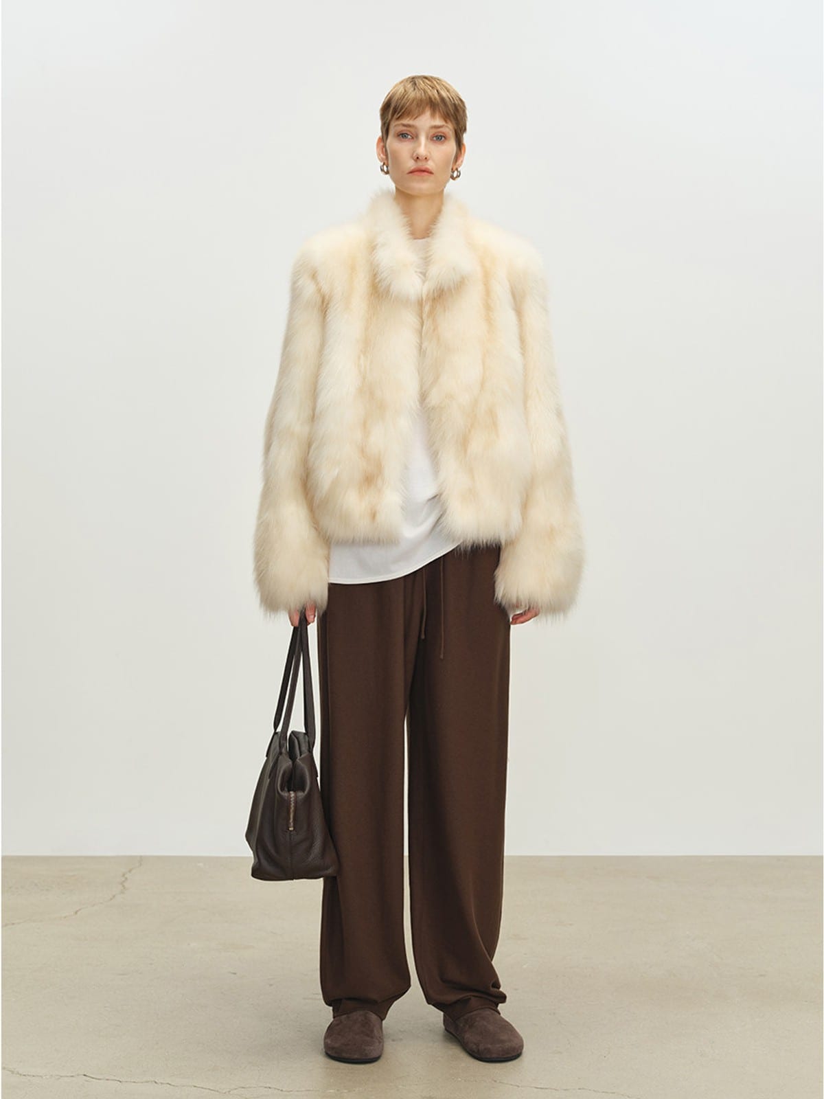 MSBEAST Stand Collar Fox Fur Jacket in White - On Female Model