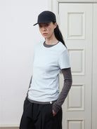 Random Piece Lightweight Cotton Blend Crewneck T Shirt in Sky Blue - On Female Model