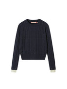 SweetChilling Contrast Cuff Cable Knit Sweater in Navy Blue