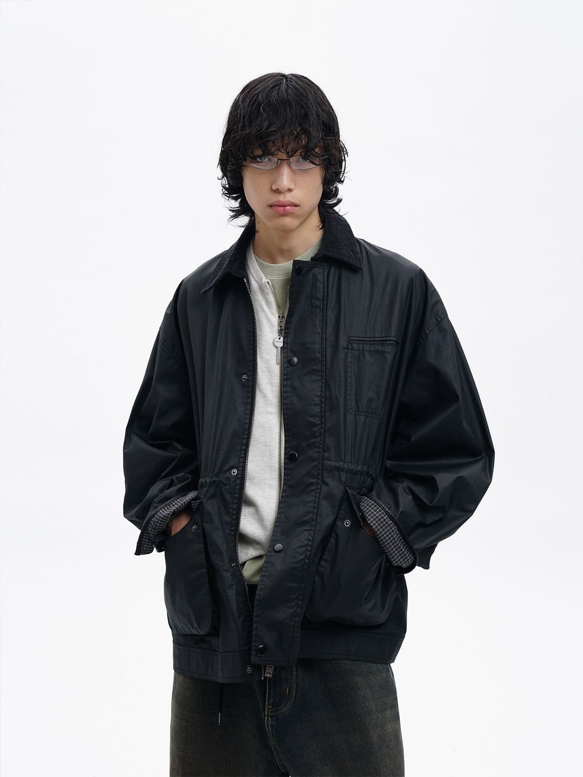 MASONPRINCE Waxed Cotton Barn Jacket in Black - On Male Model